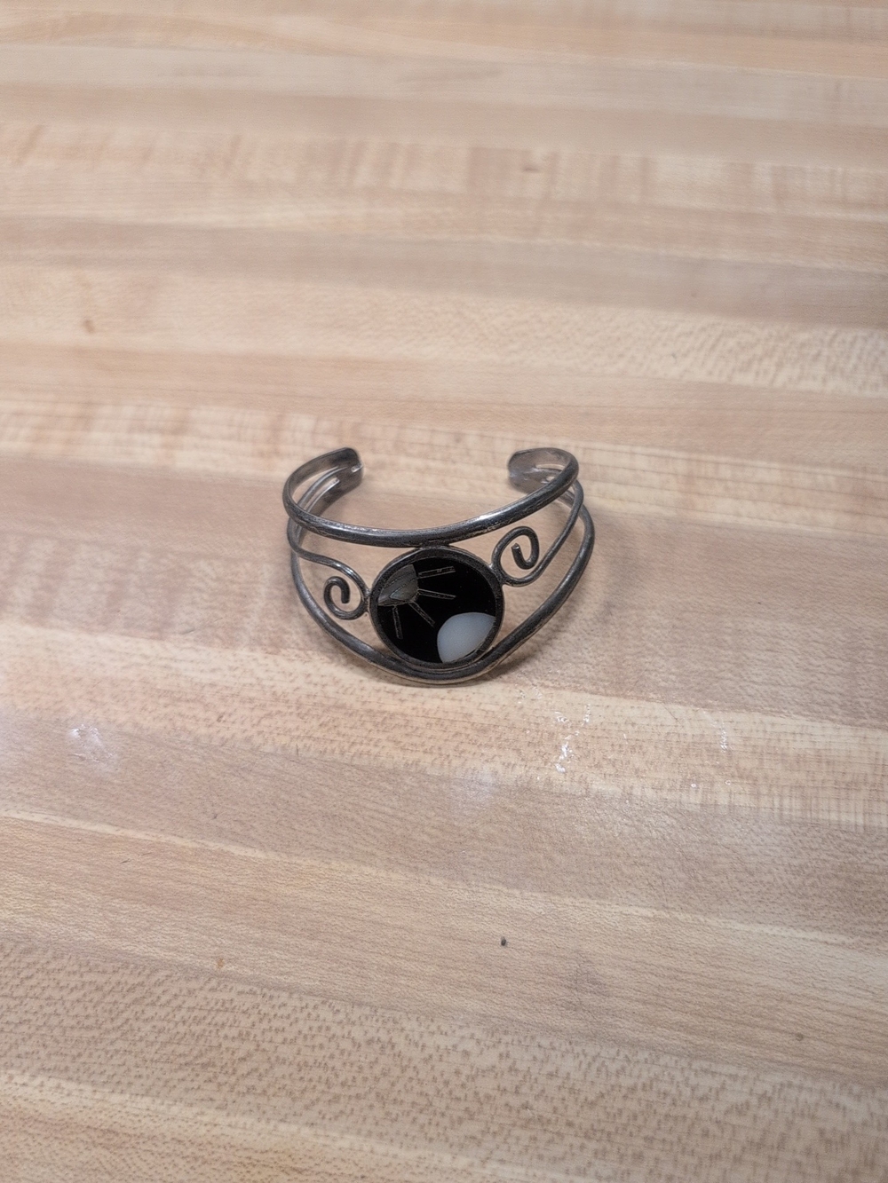 Vintage Alpaca Mexico Cuff Bracelet With Onyx And Albalone